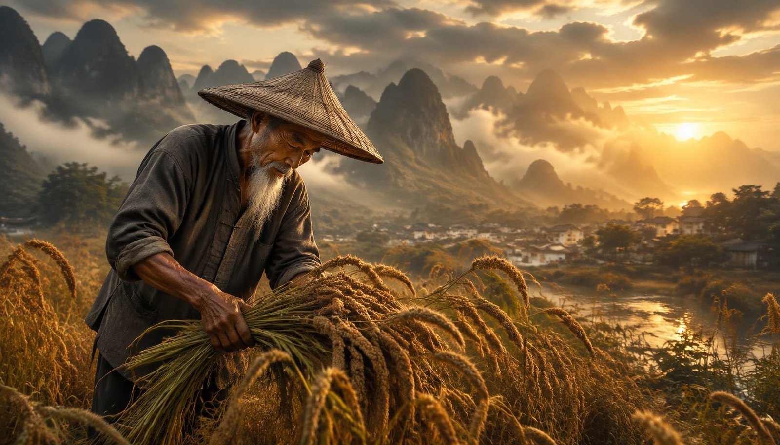 Chinese Farmer Harvesting Bearded Grain by Hand in Traditional Countryside – Grain in Ear Wallpaper