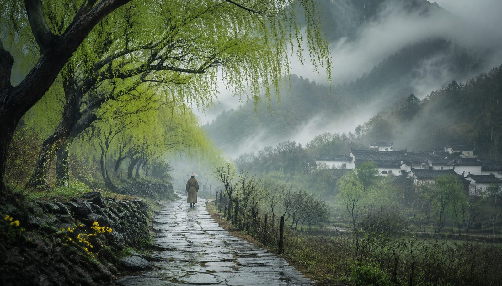 Misty Chinese Countryside with Willow Trees on Qingming Day – Clear and Bright Memorial Wallpaper