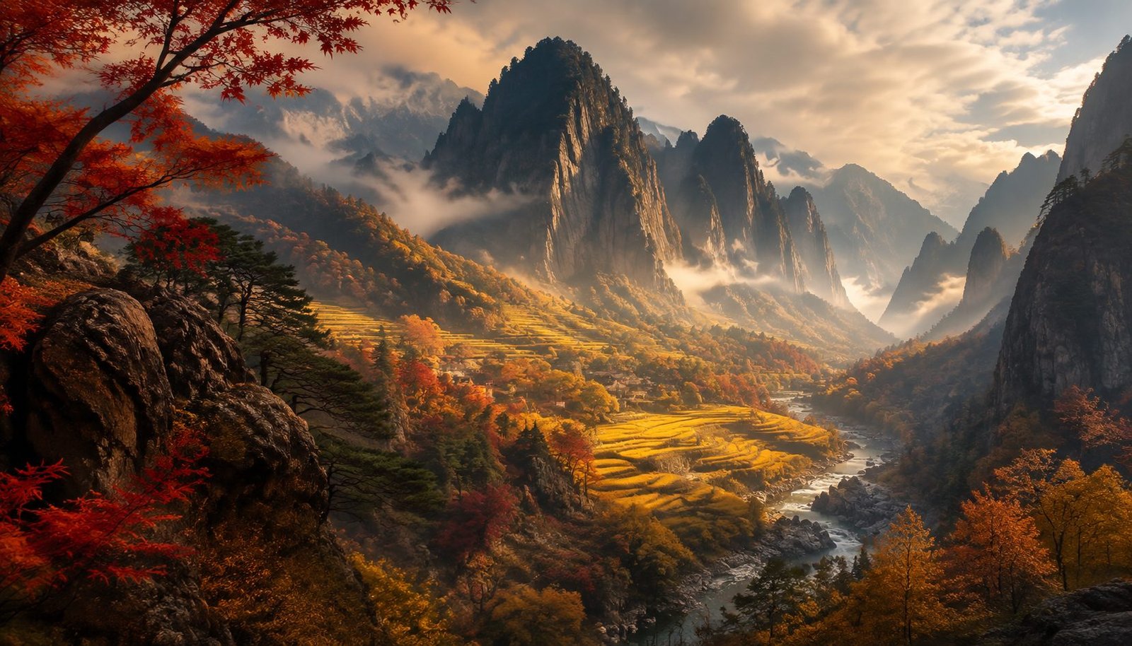 Chinese Mountain Autumn Valley with Golden Balance of Light at Equinox – Harvest Balance Wallpaper