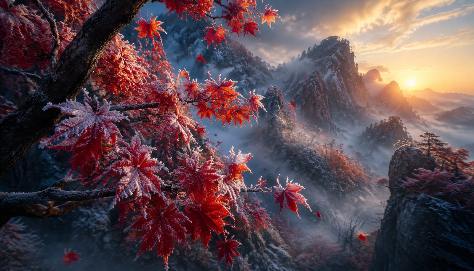 White Frost on Chinese Mountain Red Maple Leaves Before Falling – Frost Descent Brilliance Wallpaper