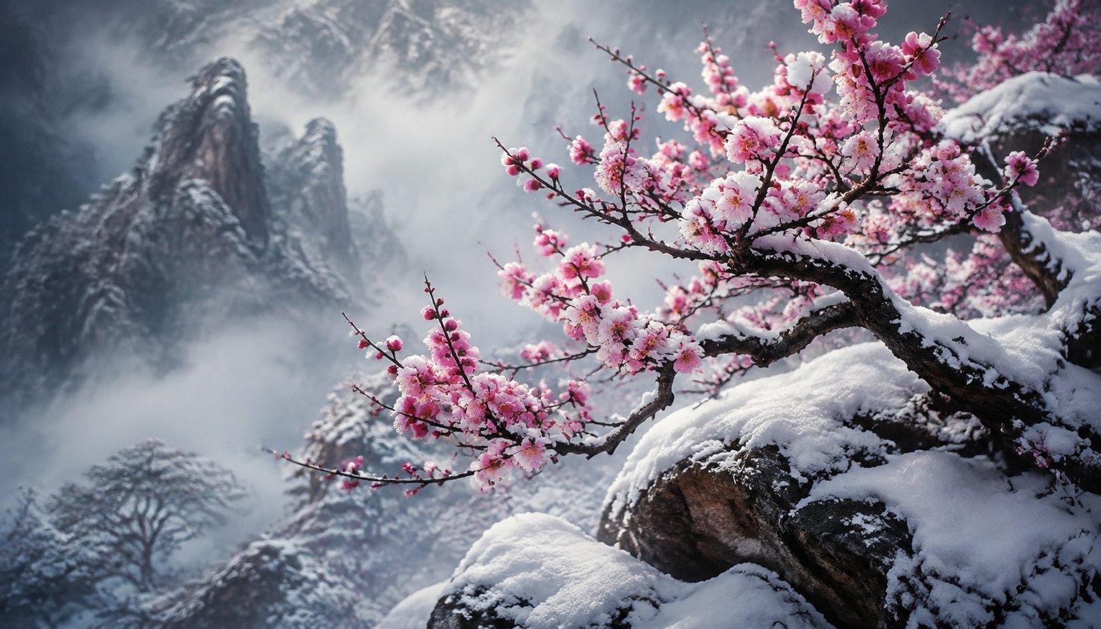 Plum Blossoms Emerging from Snow in Minor Cold Chinese Mountain – Courage Beauty in Cold Wallpaper