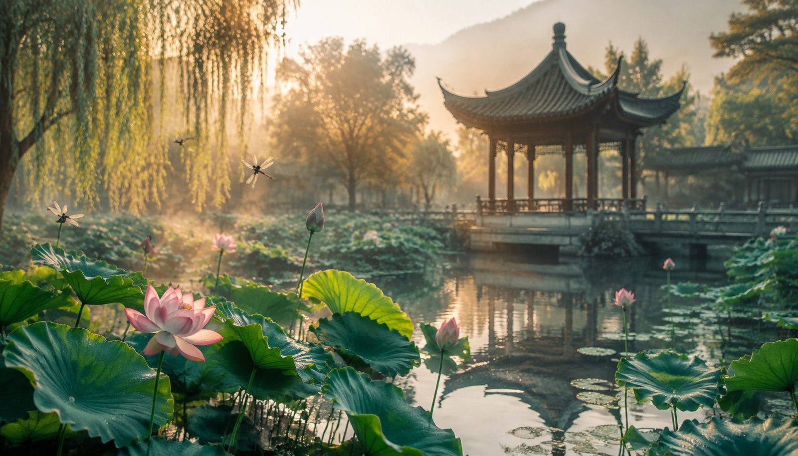 Chinese Summer Lotus Pond in Minor Heat Warm Golden Afternoon Light – Summer Peace Wallpaper