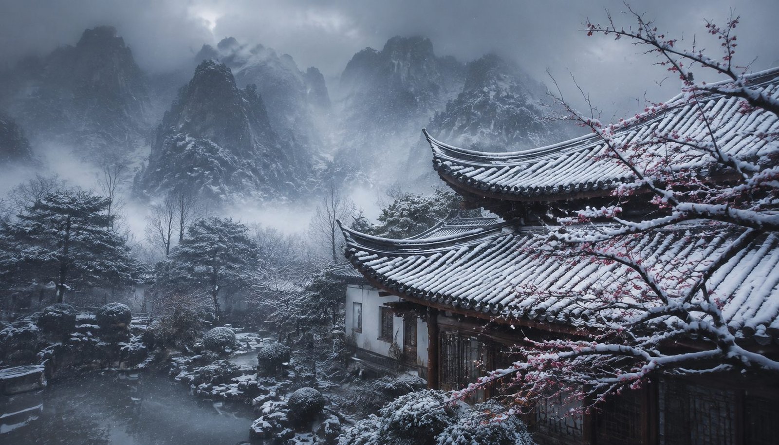 Light Snow Settling on Chinese Rooftops and Garden in Early Winter Stillness – Minor Snow Wallpaper