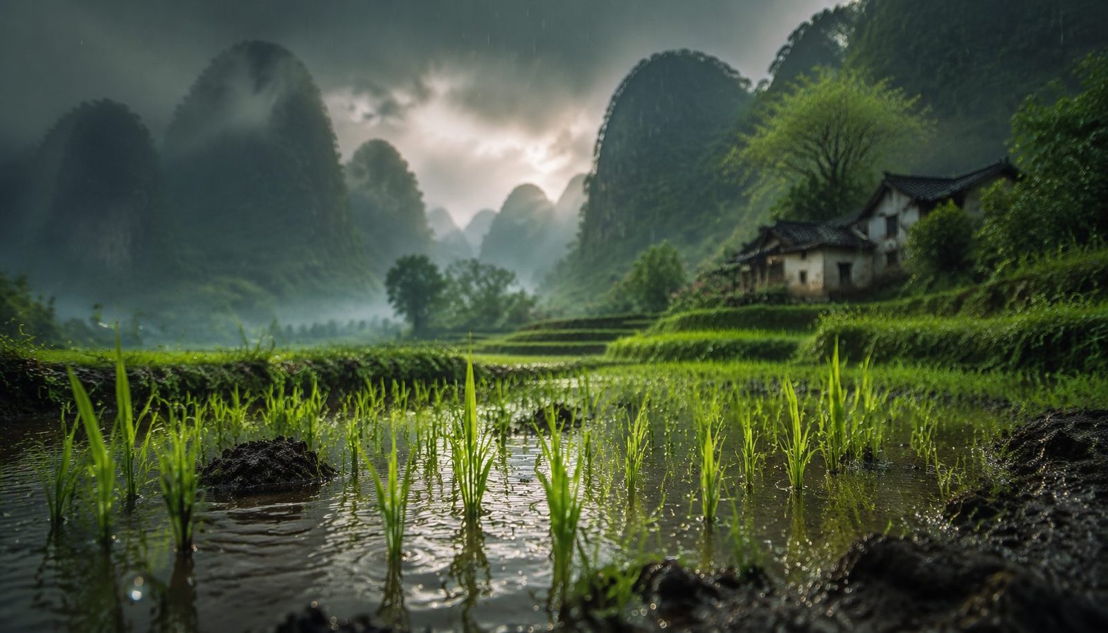 Spring Rain Falling on New Green Seedlings in Chinese Countryside – Rain Water Solar Term Wallpaper