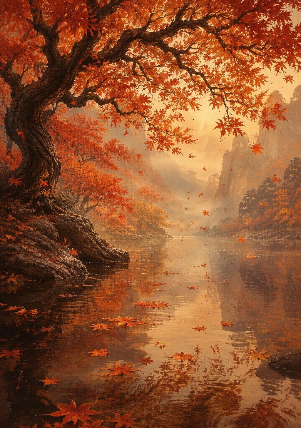 Golden Autumn Leaves Falling From Ancient Chinese Maple – Letting Go Wisdom Wallpaper
