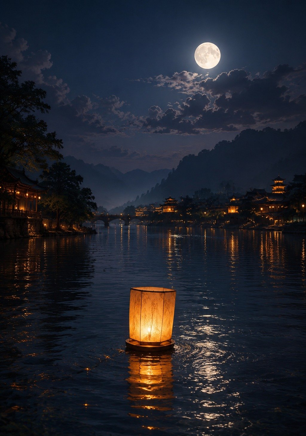 Paper Lantern Floating on Night River Under Full Moon – Release Peace Wallpaper