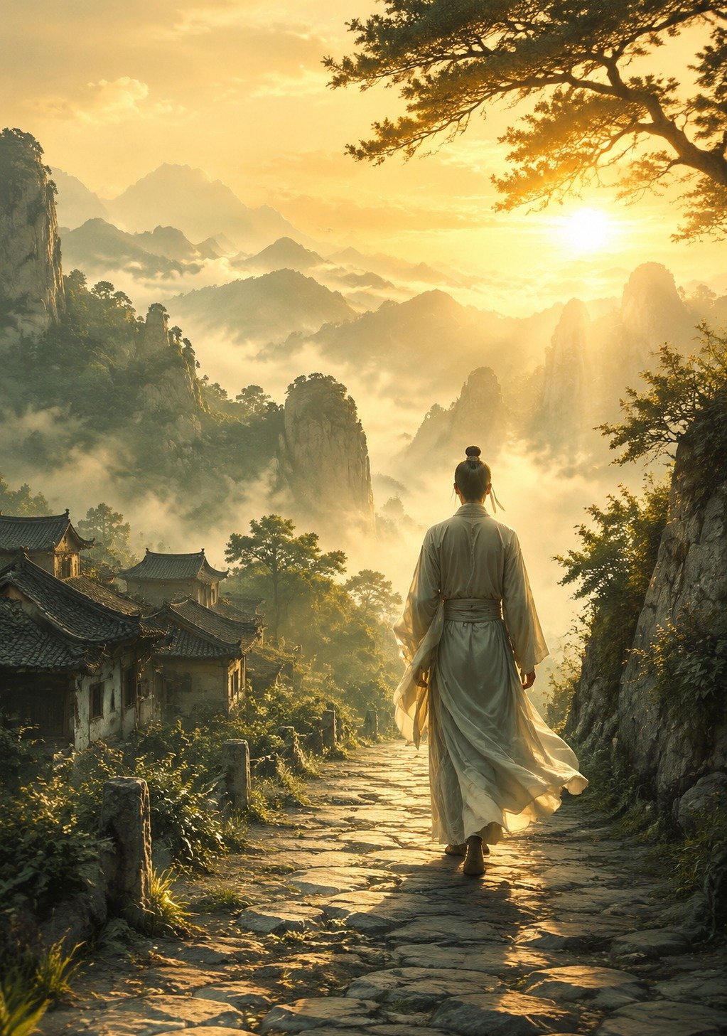 Winding Misty Path Through Chinese Forest in Autumn Light – New Beginning Wisdom Wallpaper