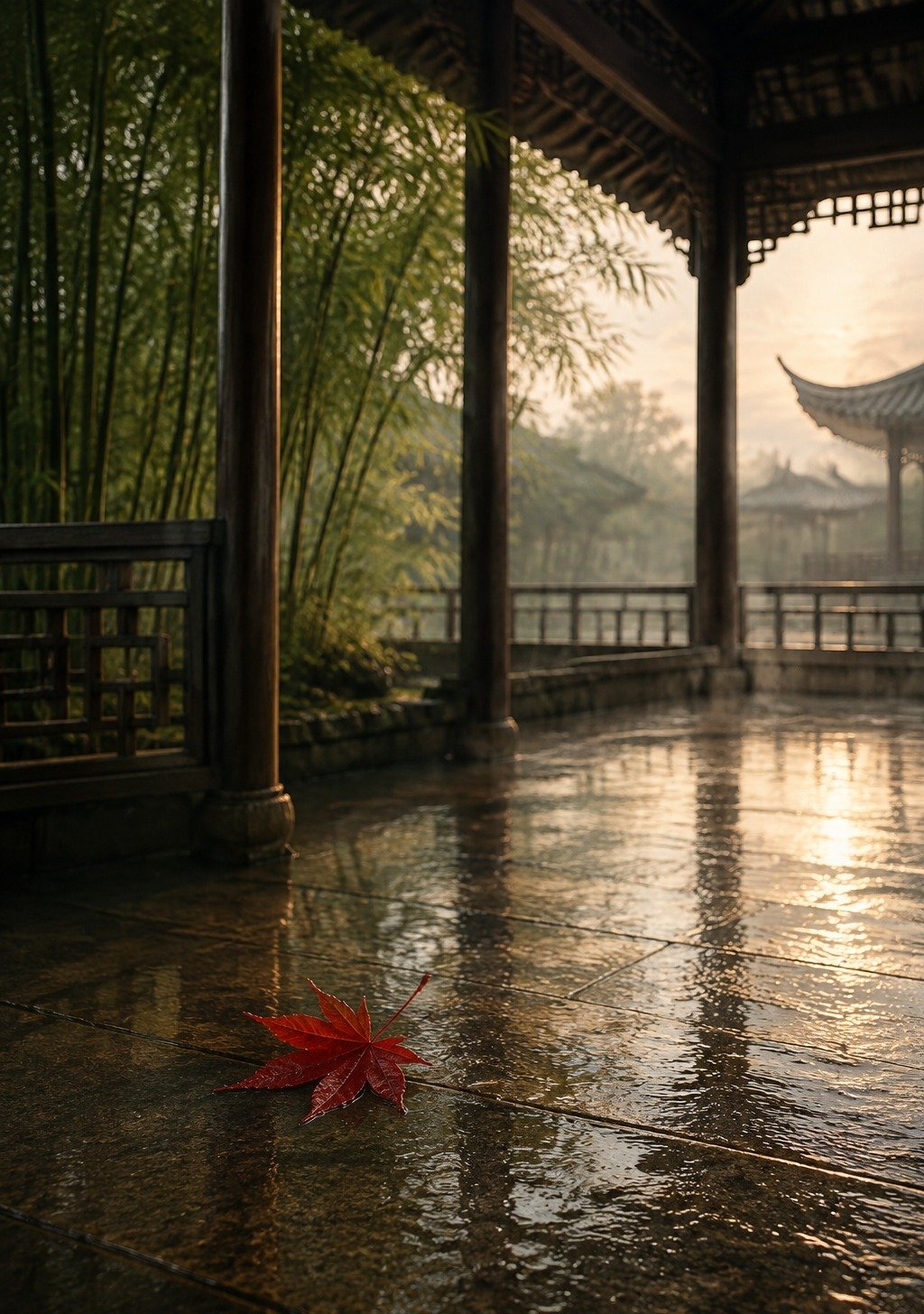 Traditional Chinese Pavilion by Still Lake in Evening Mist – Peace Release Wallpaper