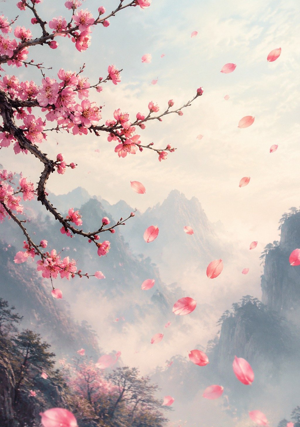 Cherry Blossom Petals Falling on Ancient Chinese Garden Path – Impermanence Wallpaper