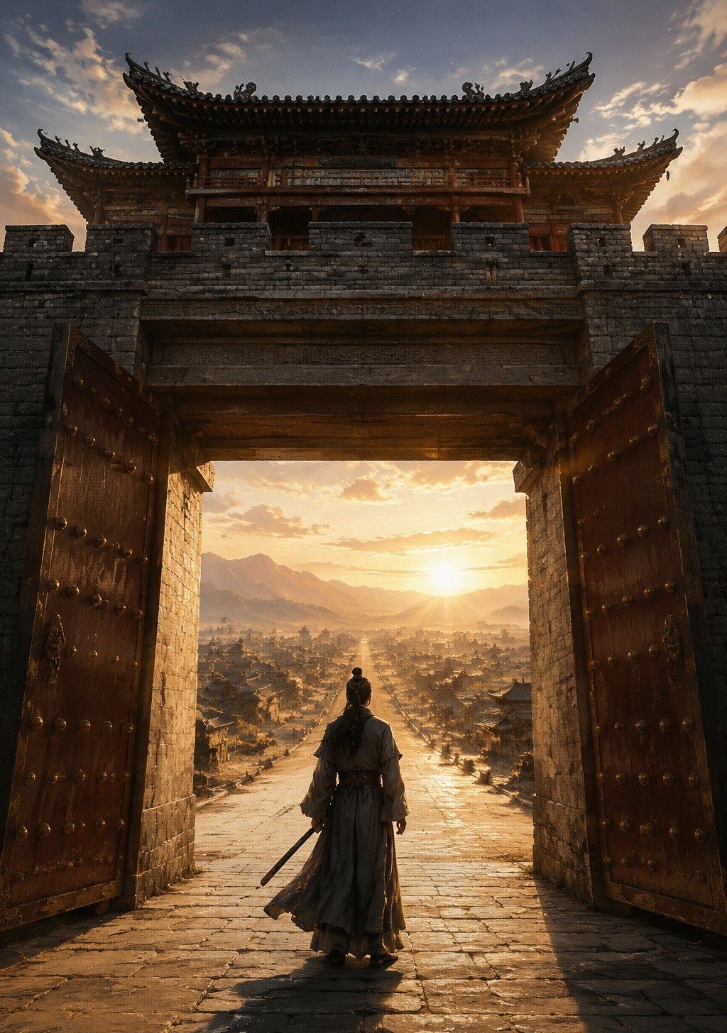 Lone Traveler at Ancient Chinese City Gate Looking Toward Sunrise Road – Career Journey Wallpaper
