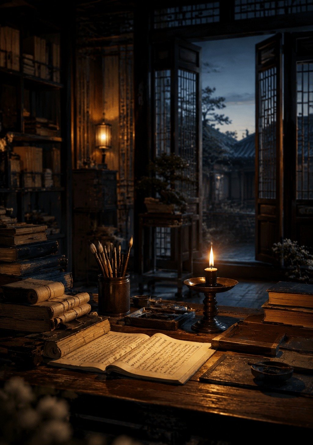 Traditional Chinese Study with Burned Candle and Books at Pre-Dawn – Dedicated Effort Wallpaper