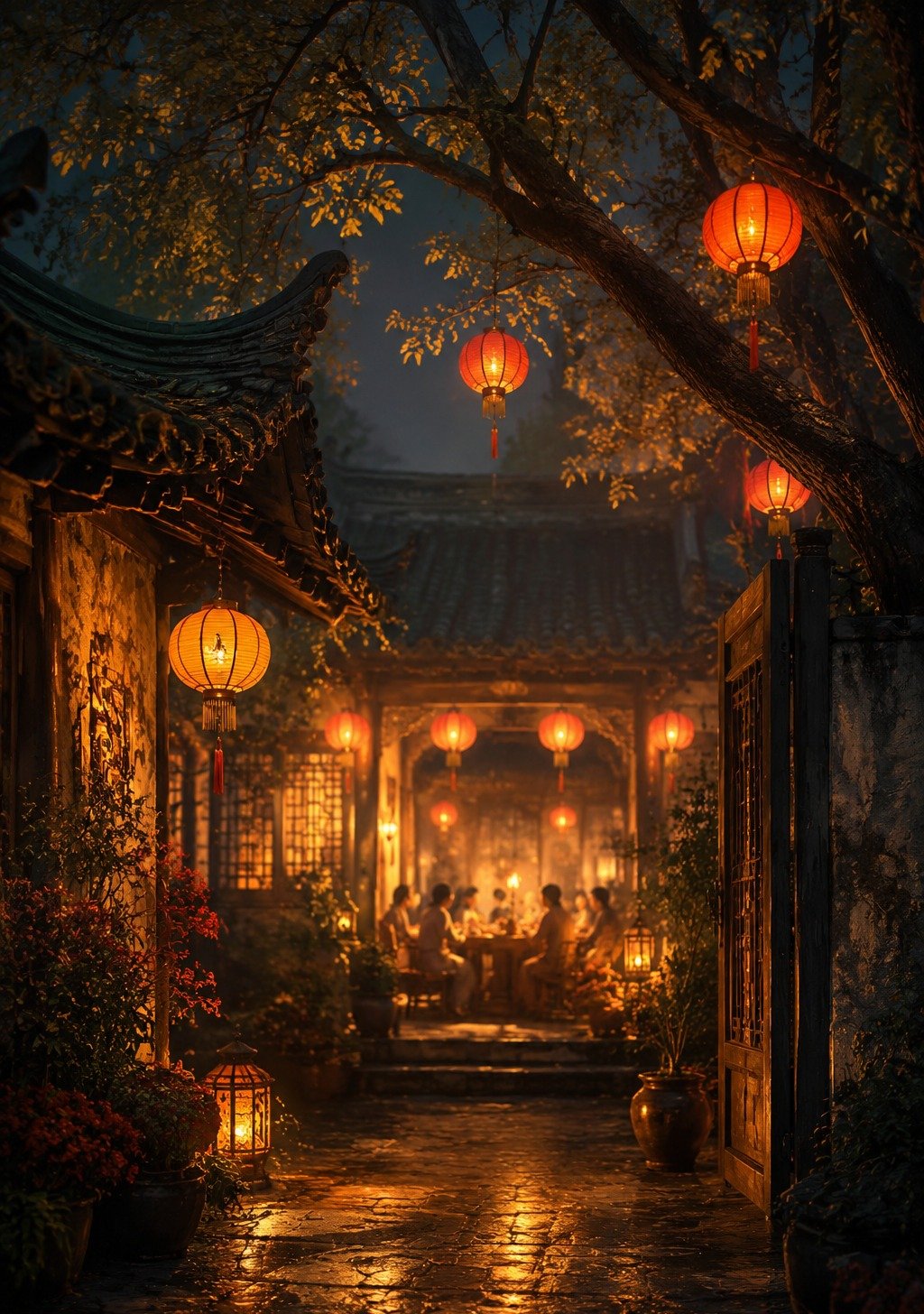 Traditional Chinese Family Courtyard at Night with Warm Lanterns and Family Silhouettes – Reunion Wallpaper