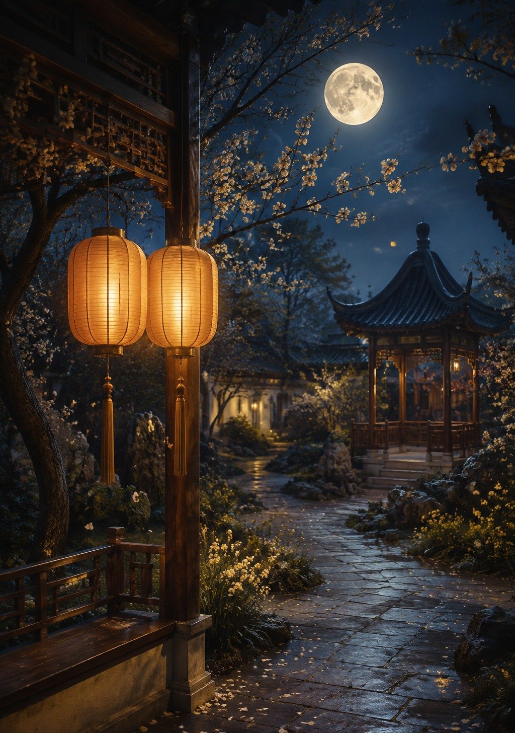 Traditional Chinese Moonlit Garden with Two Lanterns and Flowering Trees – Love Companionship Wallpaper