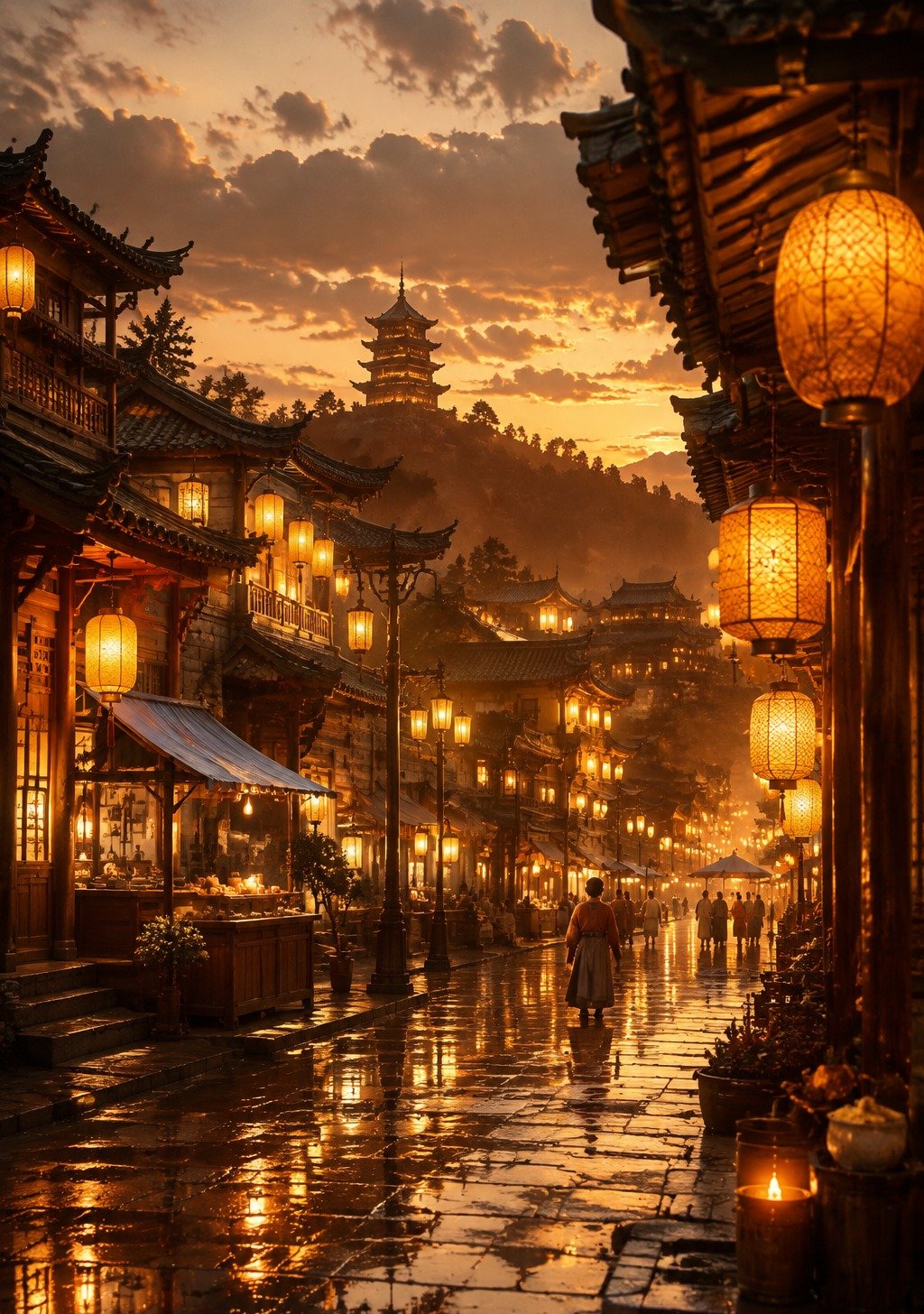 Traditional Chinese Ancient Street with Warm Lanterns at Dusk – Honest Prosperity Wallpaper