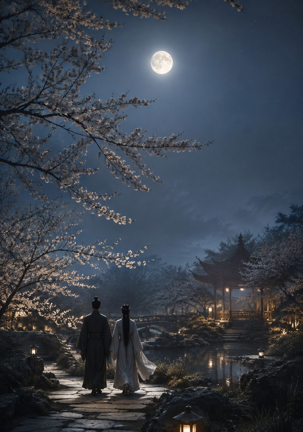 Two Figures Walking in Traditional Chinese Garden at Evening – Companionship Love Wallpaper