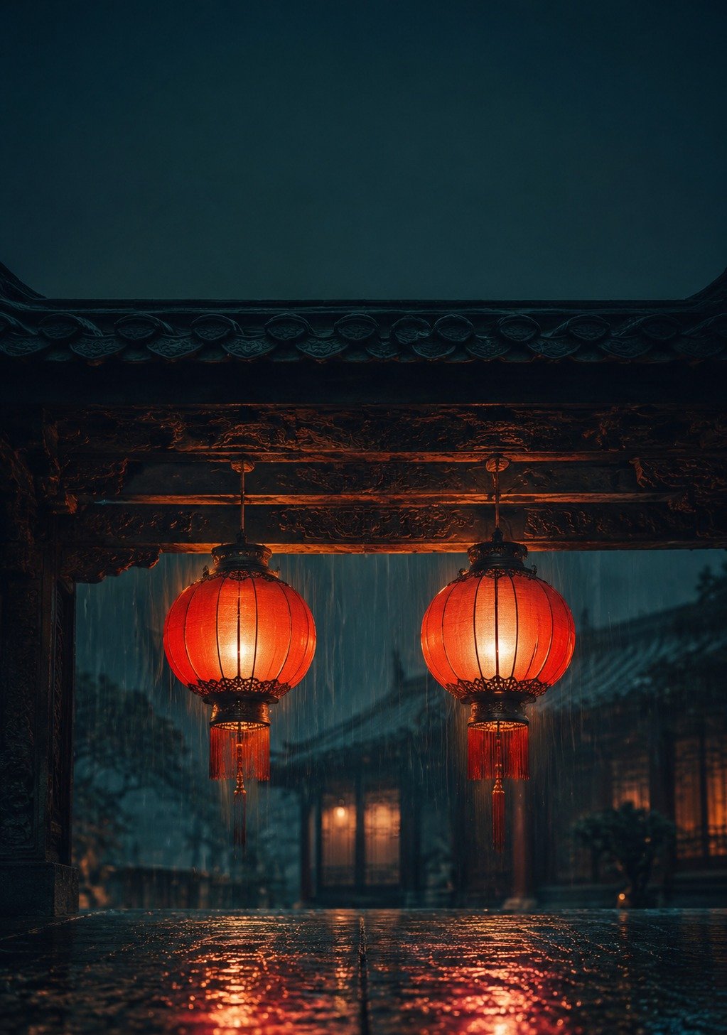 Two Red Lanterns Hanging Together Under Night Sky – Love Pair Wallpaper