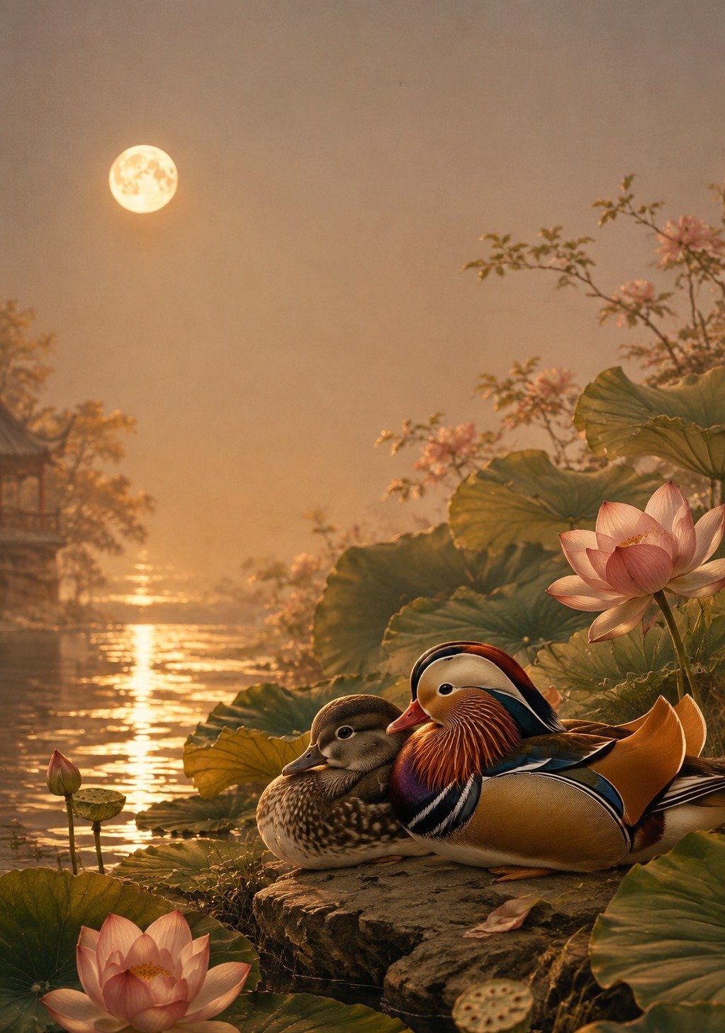 Mandarin Duck Pair Swimming Together on Traditional Chinese Lotus Pond – Love Fidelity Wallpaper