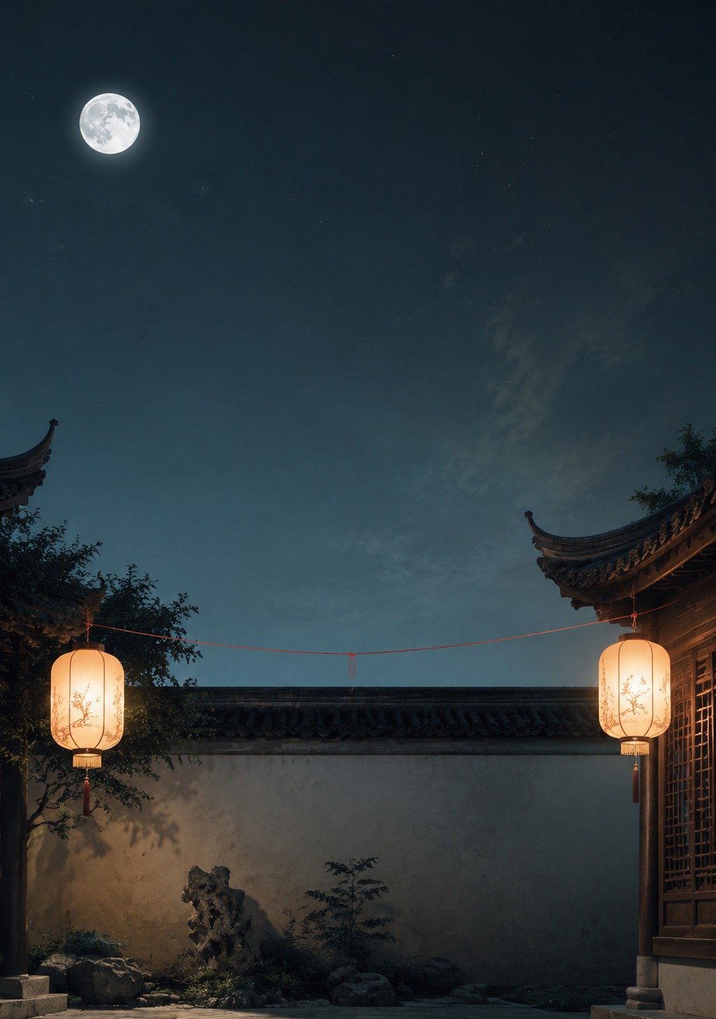 Delicate Red Thread Stretching Between Two Points in Chinese Night Landscape – Fate Love Wallpaper