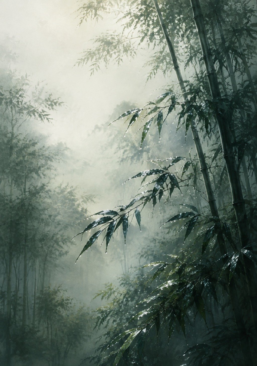 Bamboo Grove in Morning Mist With Light Filtering Through – Mind Ease Calm Wallpaper