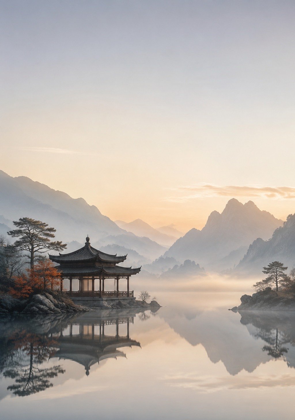 Traditional Chinese Pavilion Reflected in Still Lake at Dusk – Mental Ease Serenity Wallpaper