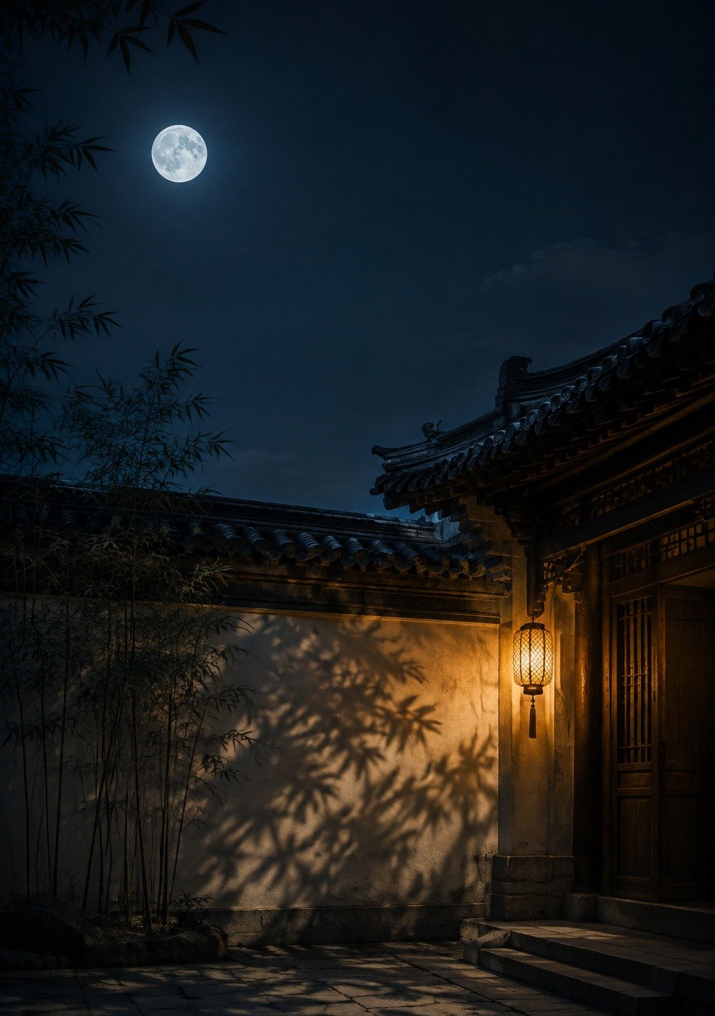 Chinese Courtyard at Night with Full Moon and Lantern Light – Nighttime Peace Wallpaper