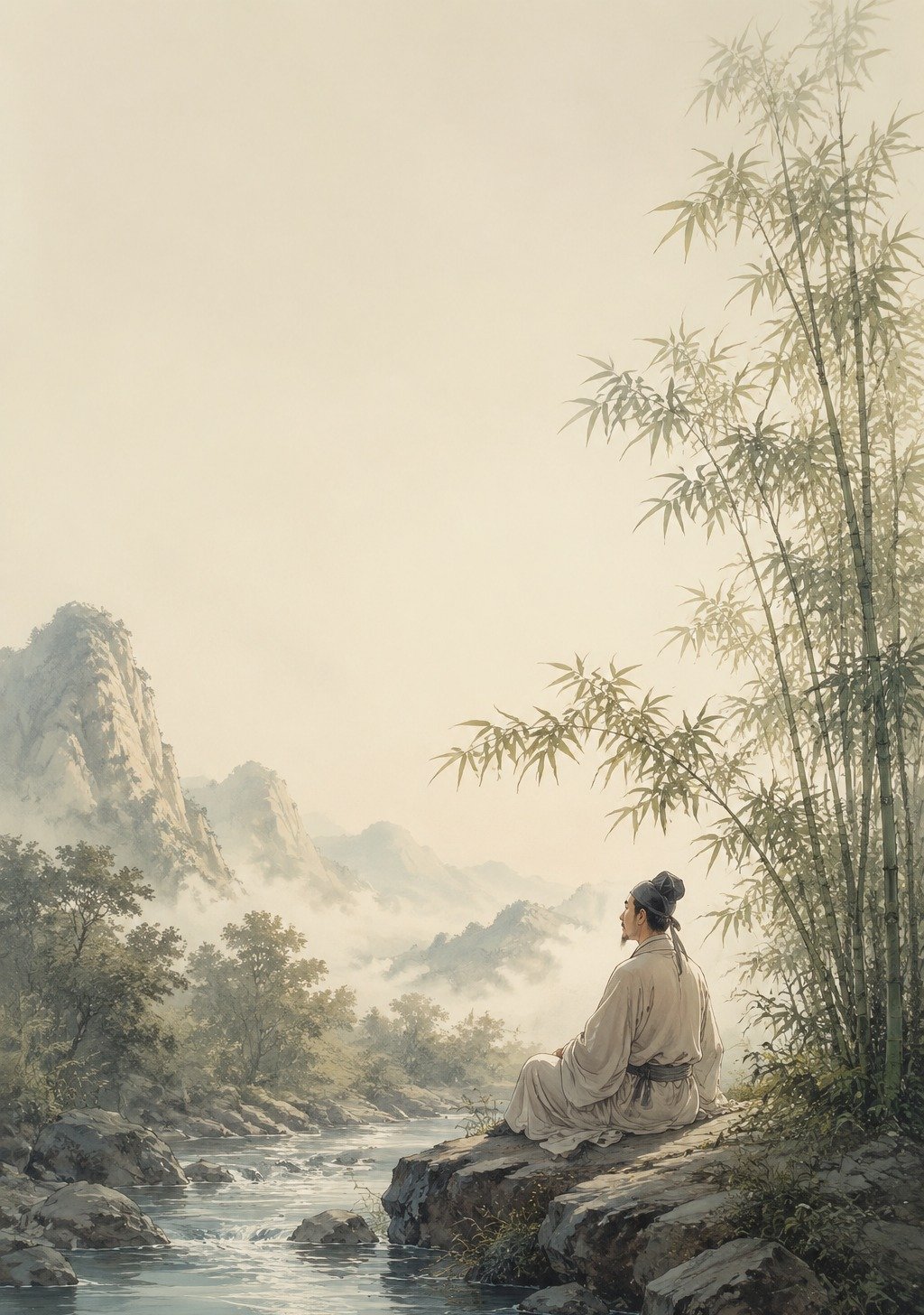 Chinese Scholar Reading by Mountain Stream in Forest – Mind Clarity Stream Wallpaper
