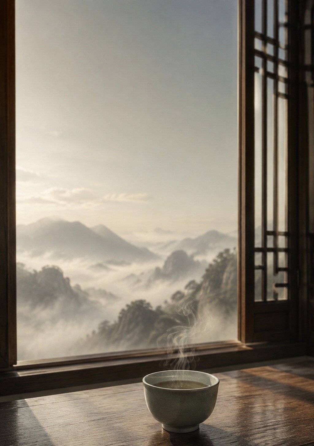Traditional Chinese Tearoom with Steaming Cup and Mountain View – Calm Mind Tea Wallpaper
