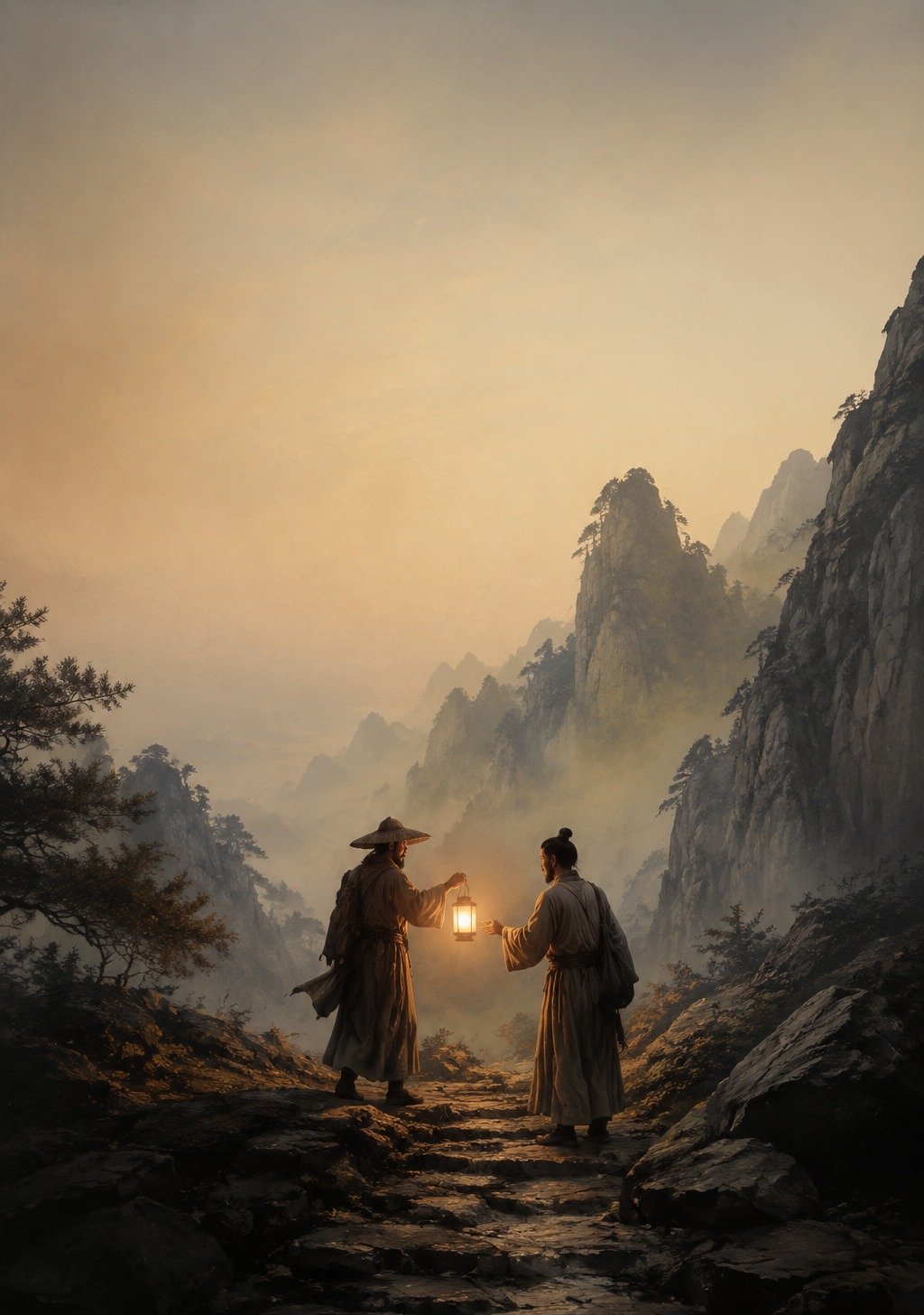 Two Figures on Mountain Path One Offering Lantern to Other at Dawn – Noble Helper Wallpaper