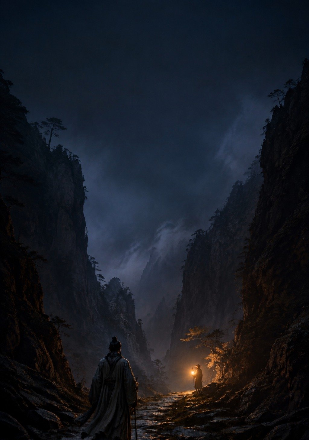 Two Travelers Meeting on Chinese Mountain Bridge at Dusk – Unexpected Connection Wallpaper