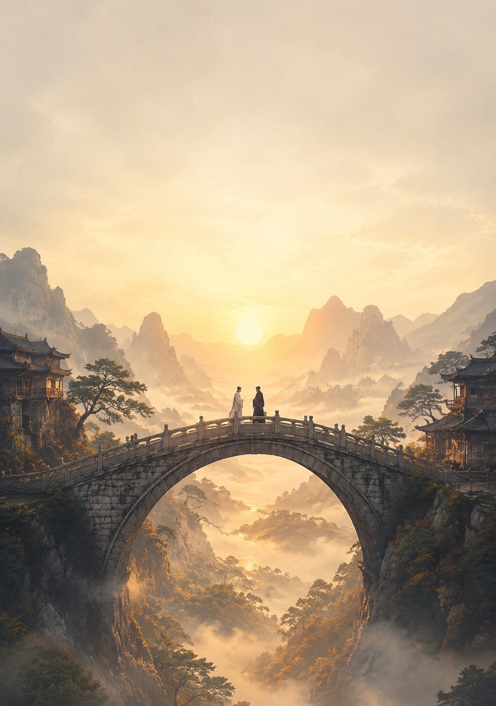 Chinese Figure Offering Water to Another on Mountain Path – Gratitude Blessing Wallpaper