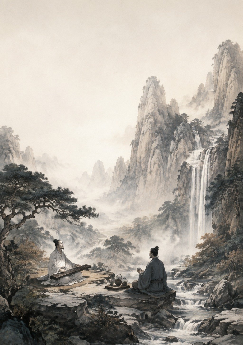 Figure Building Ancient Chinese Bridge Across Mountain River – Helper Enabler Wallpaper