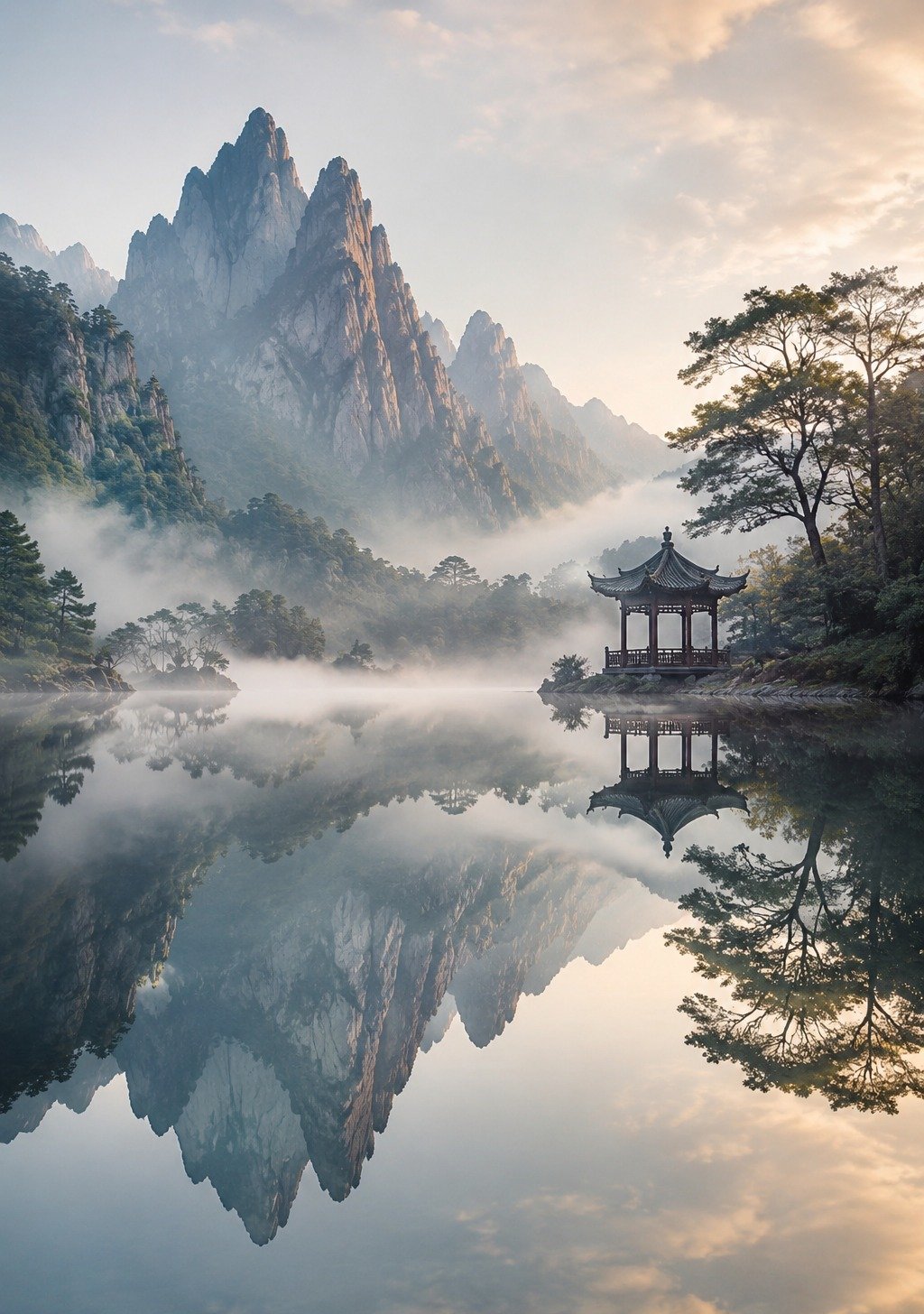 Still Chinese Mountain Lake Reflecting Peaks at Dawn – Meditation Calm Wallpaper