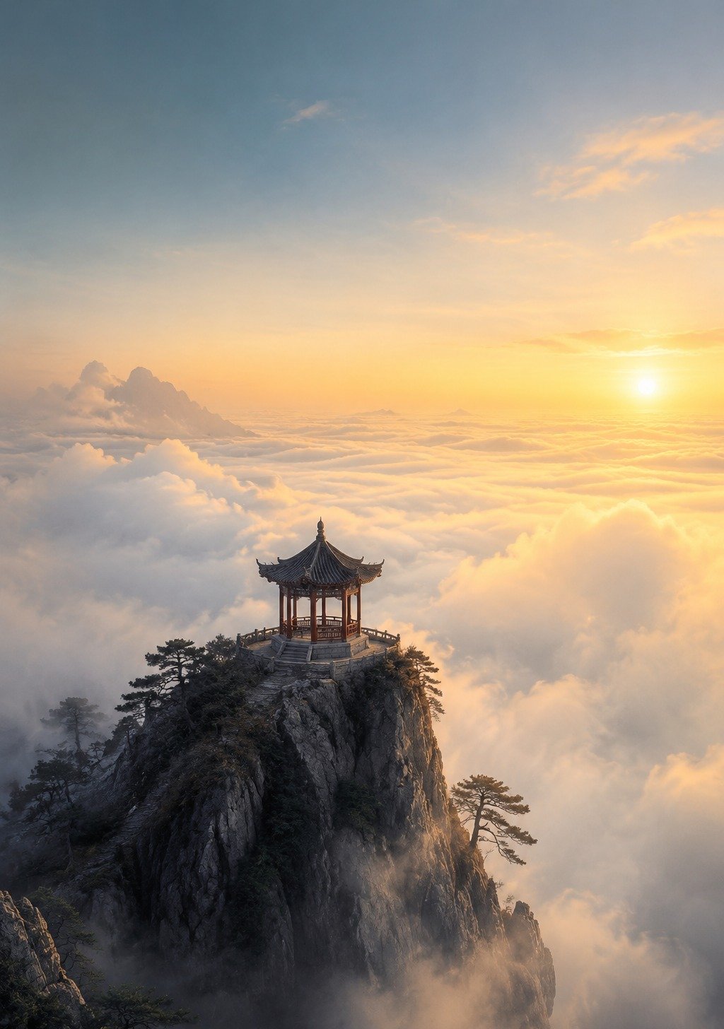 Small Traditional Chinese Pavilion on Mountain Overlooking Valley in Mist – Serenity Wallpaper