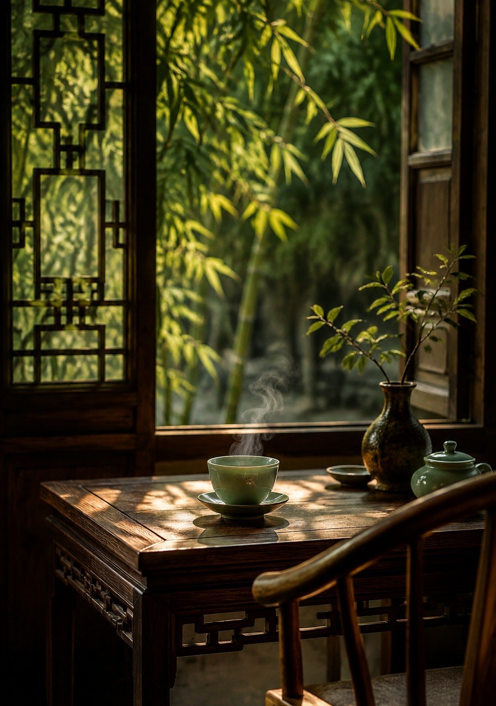 Steaming Tea Bowl on Classical Chinese Desk by Bamboo Garden Window – Morning Peace Wallpaper