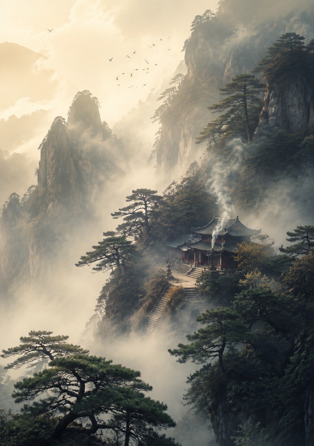 Chinese Buddhist Temple at Dawn in Mountain Mist with Bell Tower – Stillness Wallpaper