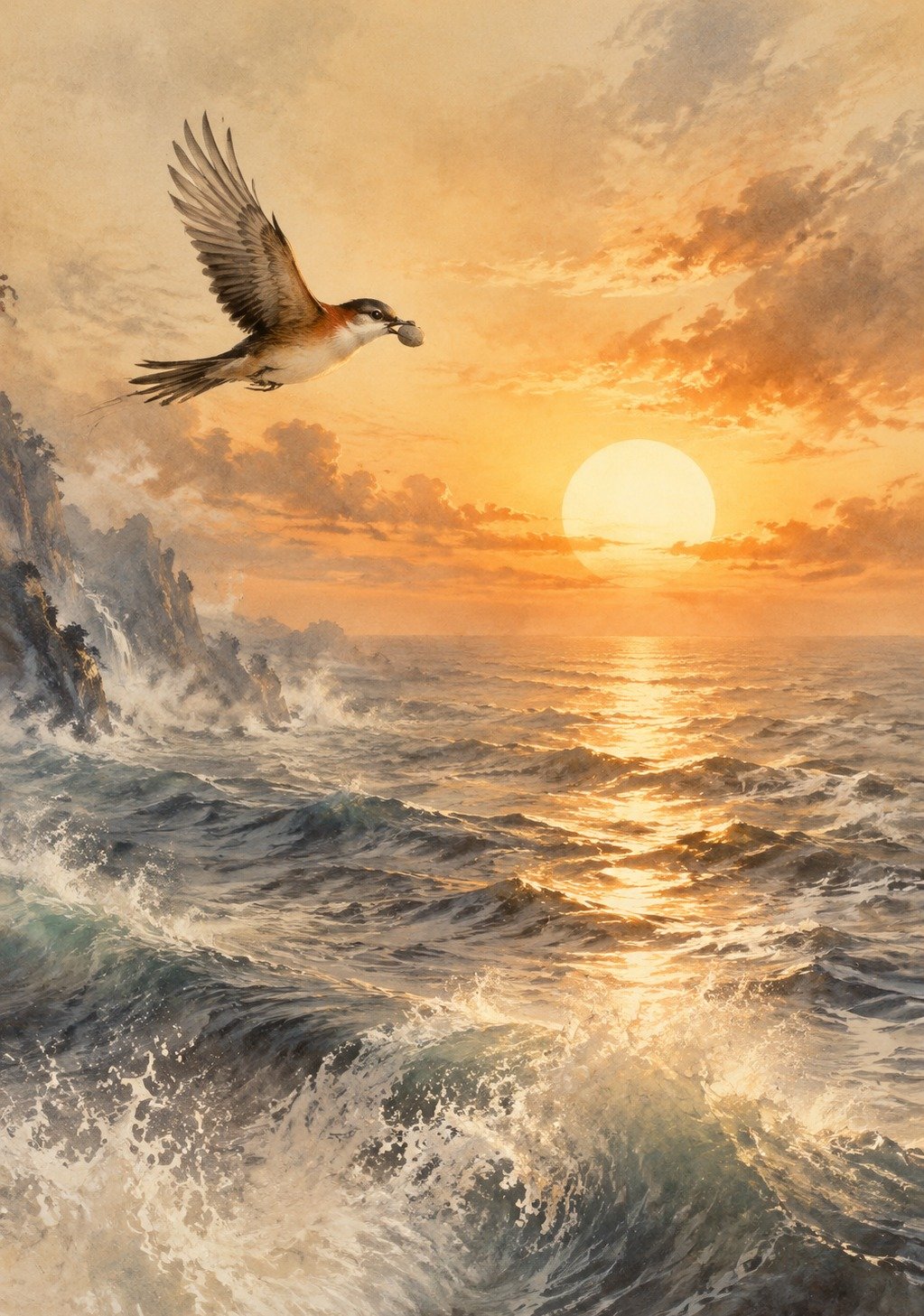 Small Bird Carrying Stone Over Vast Ancient Ocean – Jingwei Persistence Wallpaper