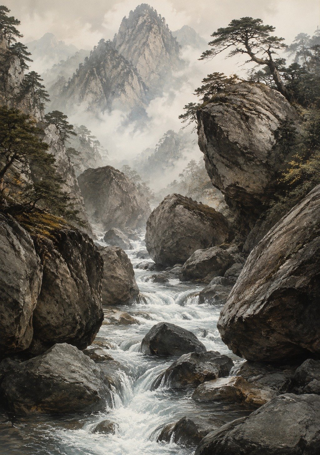 Mountain Stream Finding Path Through Ancient Stone Gorge – Persistence Water Wisdom Wallpaper