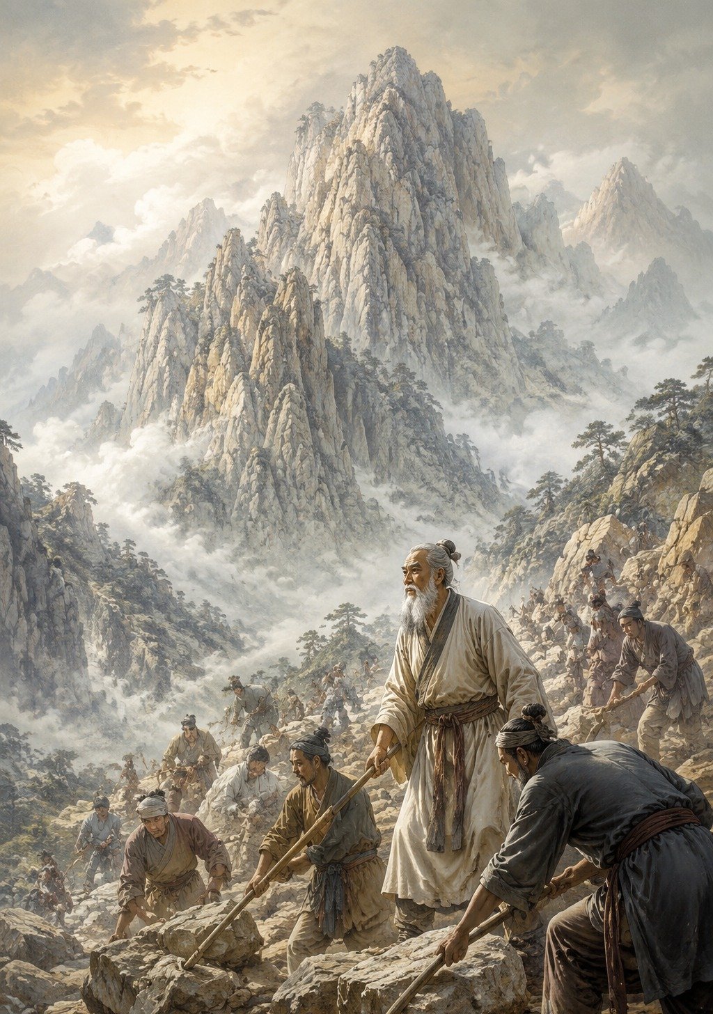 Ancient Chinese Elder Carrying Stone Away from Mountain – Yugong Persistence Wallpaper