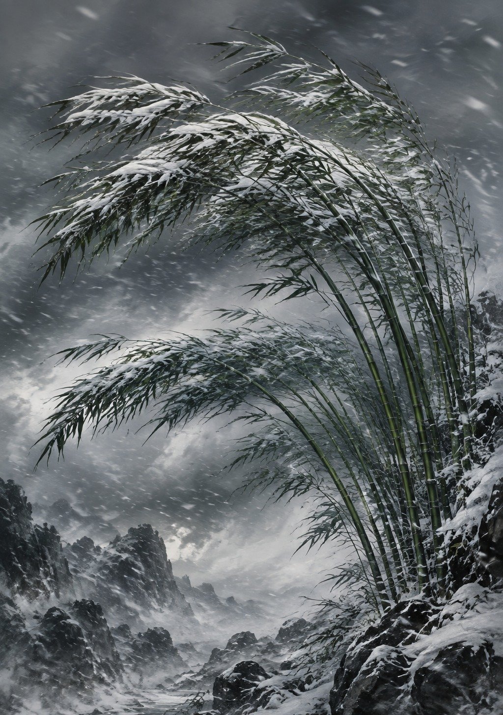 Snow-Laden Bamboo Bending But Not Breaking in Winter Storm – Resilience Wallpaper