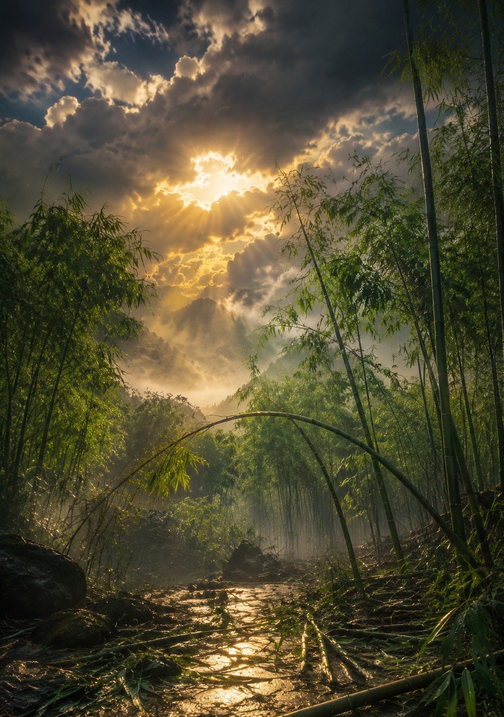 Bamboo Returning Upright After Rain in Morning Sunlight – Recovery Wallpaper