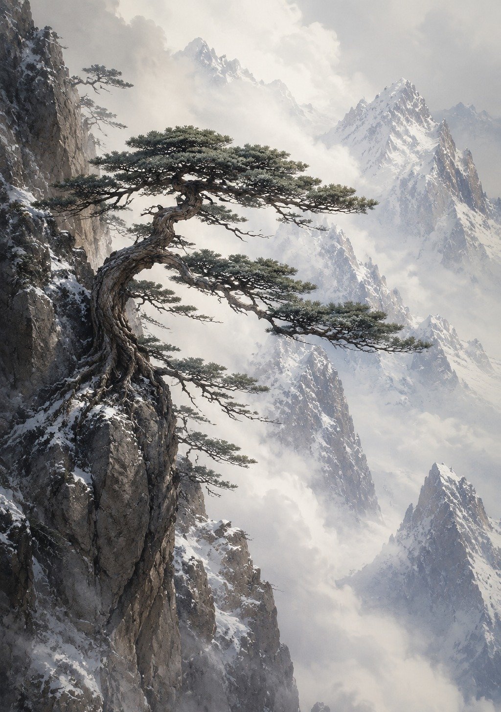 Ancient Pine Shaped by Wind on Mountain Ledge Above Clouds – Resilience Wallpaper