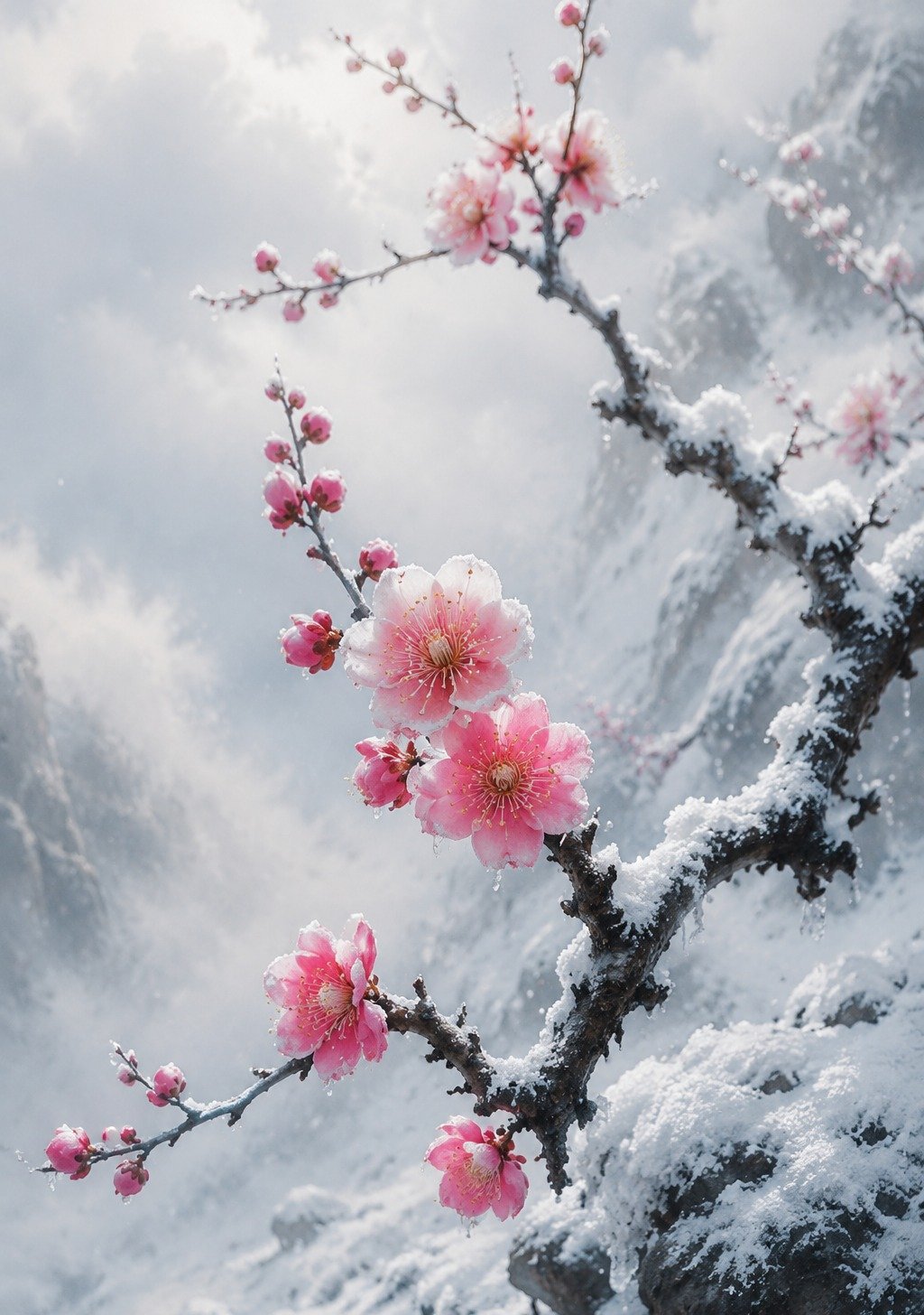Plum Blossoms on Snow-Covered Branch in Winter – Resilience First Bloom Wallpaper