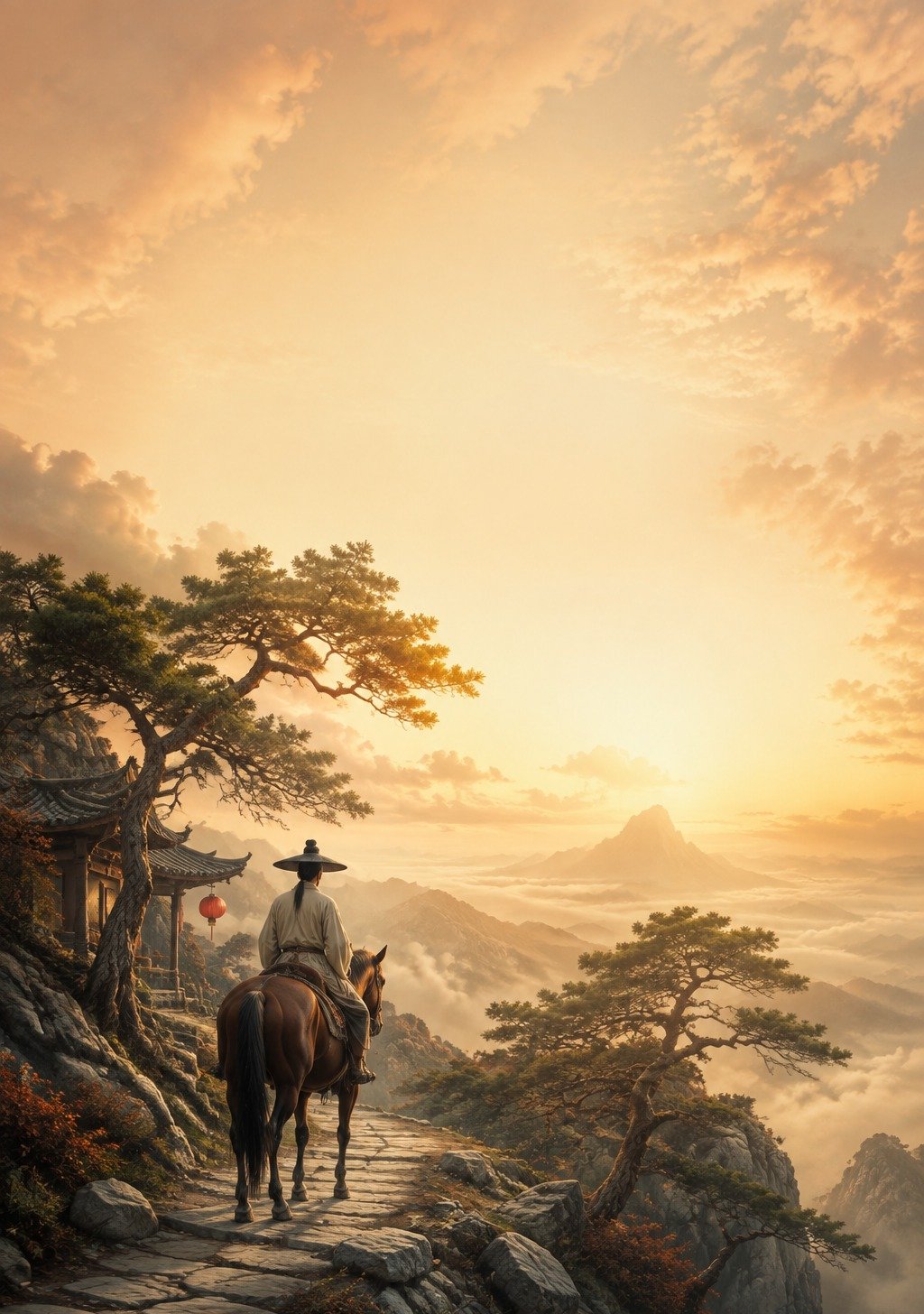 Rider on Horseback on Ancient Mountain Road at Golden Sunrise – Safe Journey Wallpaper