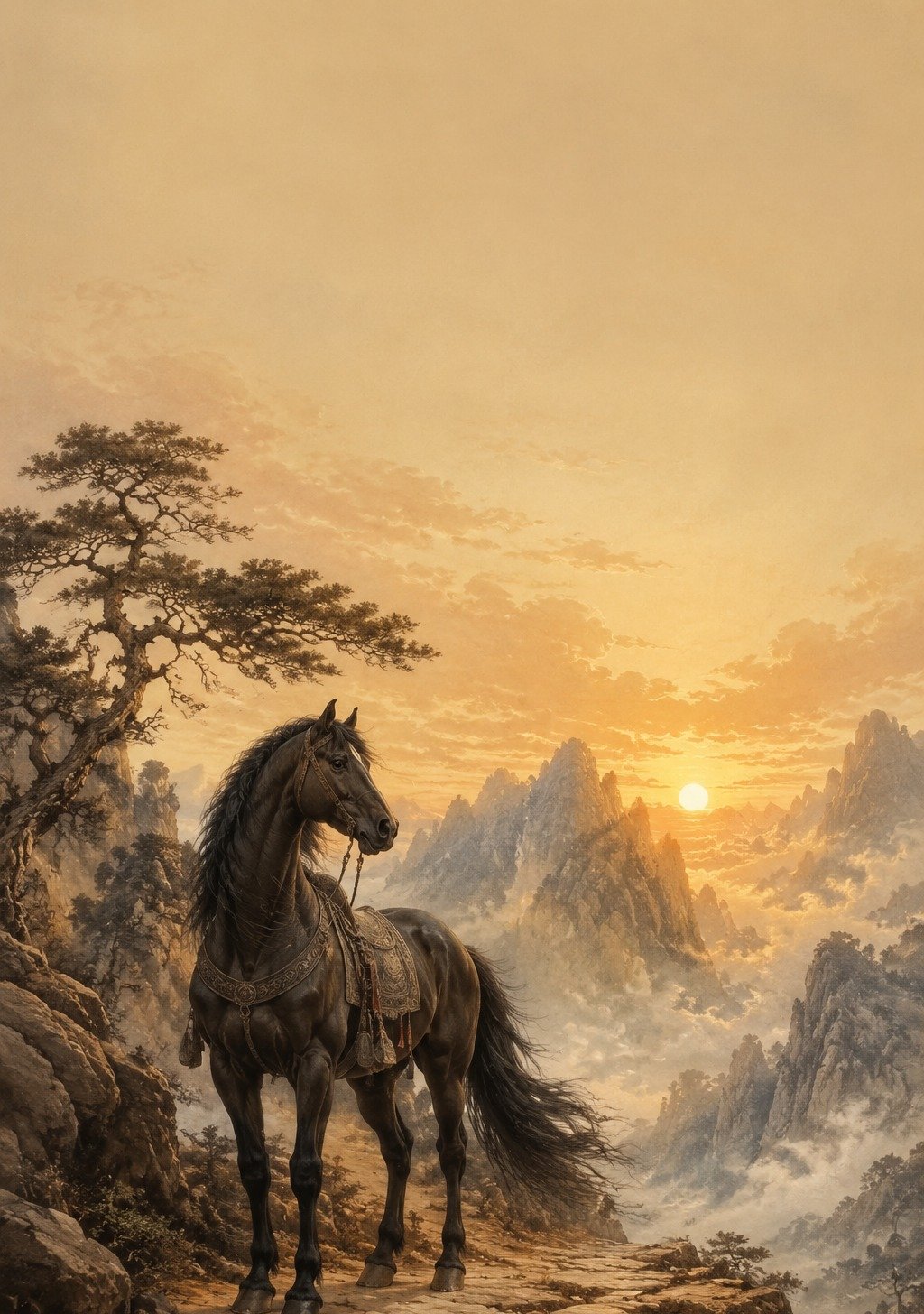 Distant Figure Walking Toward Lit Village in Chinese Landscape at Dusk – Homecoming Wallpaper