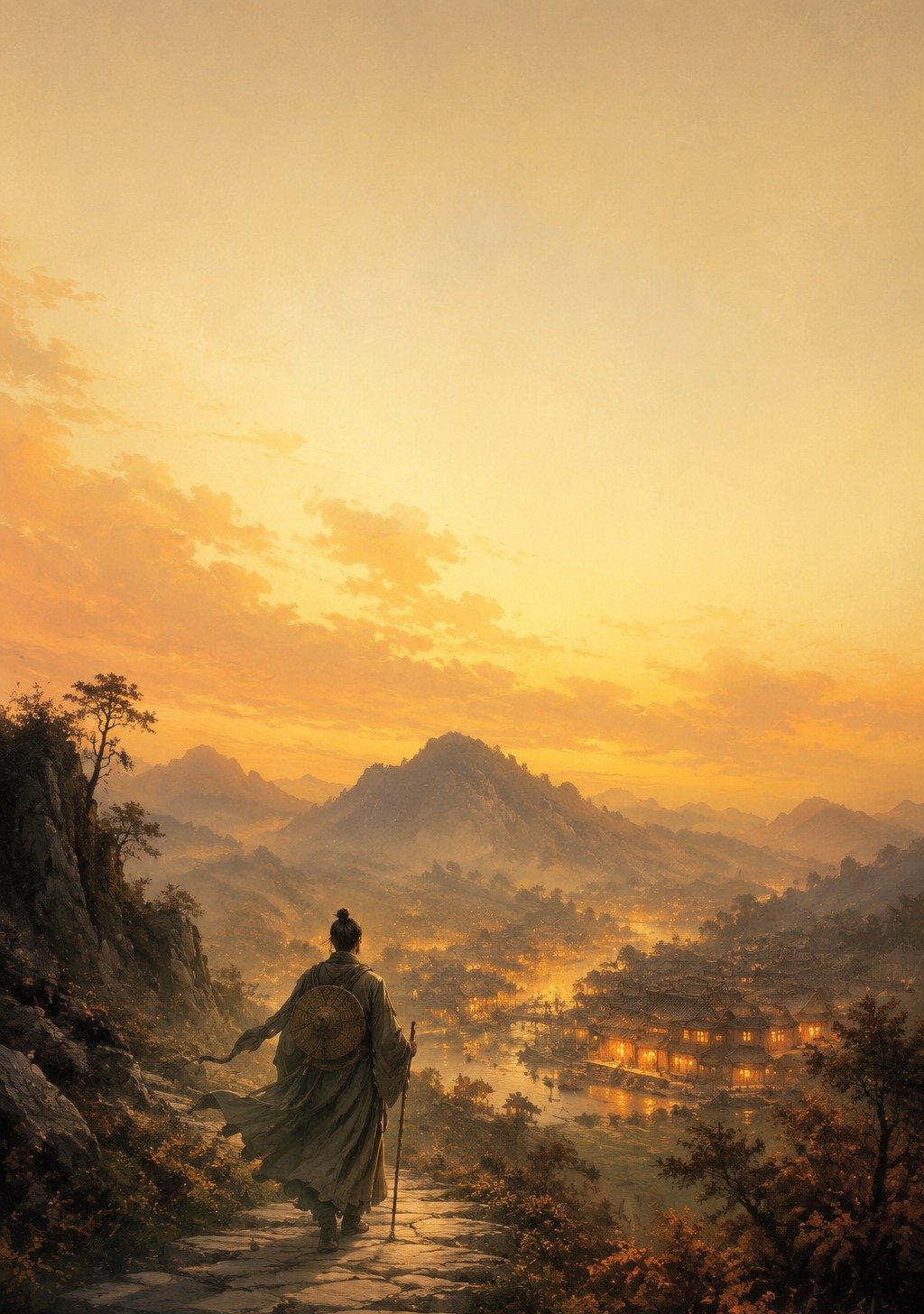 Lone Traveler Resting at Mountain Teahouse with View of Road Ahead – Journey Rest Wallpaper
