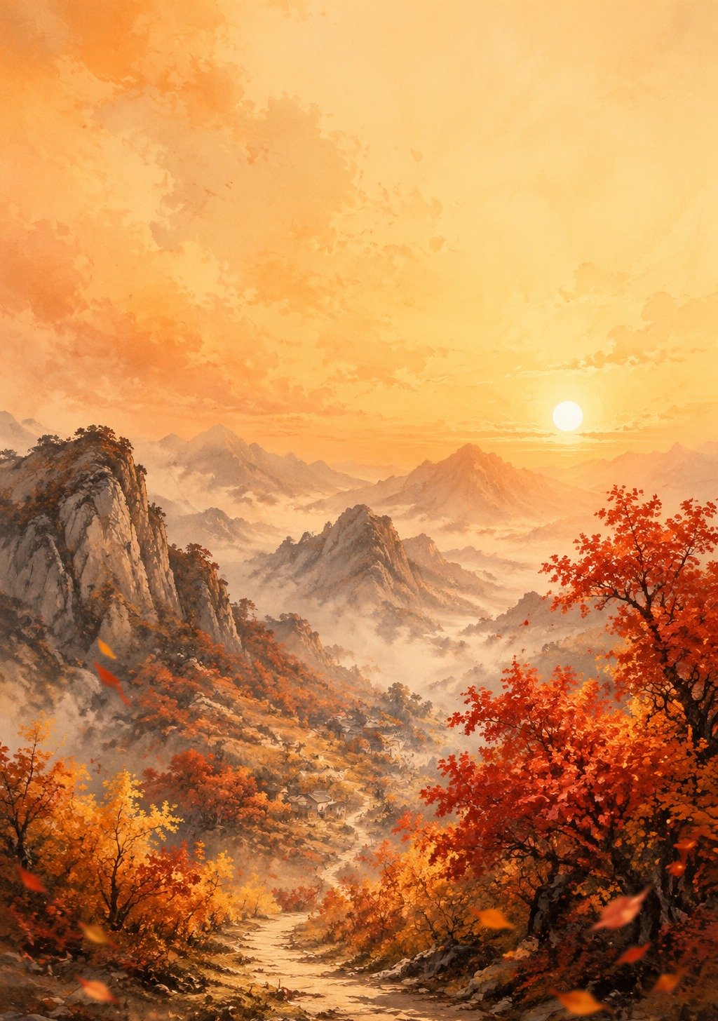 Chinese Mountain Forest in Deep Autumn with Mist and Red Maple – Seasonal Peace Wallpaper