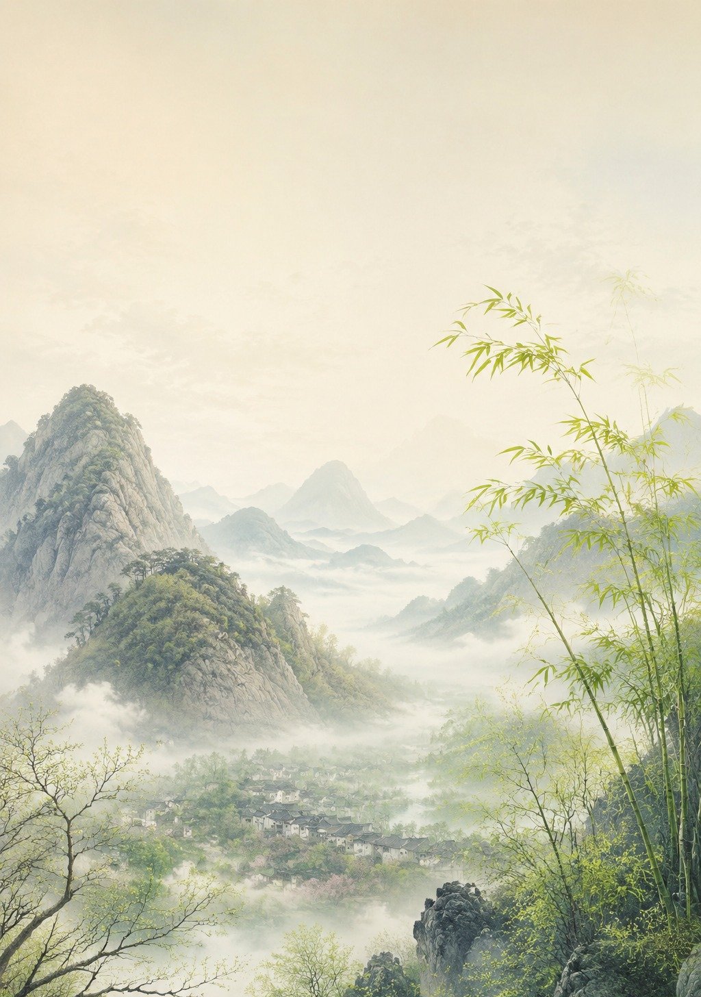 Chinese Mountain Valley in Spring with Cherry Blossoms and New Green – Spring Return Wallpaper
