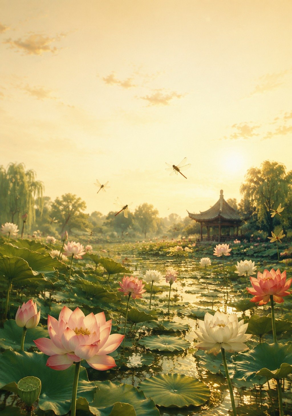 Expansive Chinese Lotus Pond in Full Summer Bloom with Golden Light – Summer Abundance Wallpaper