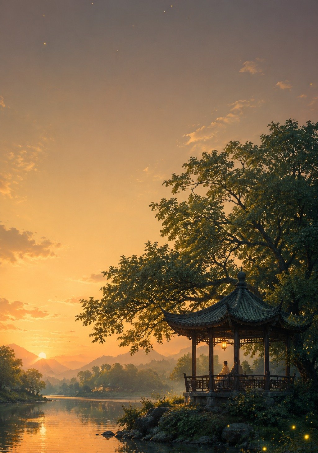 Chinese Courtyard on Summer Evening with Fireflies and Warm Light – Evening Ease Wallpaper