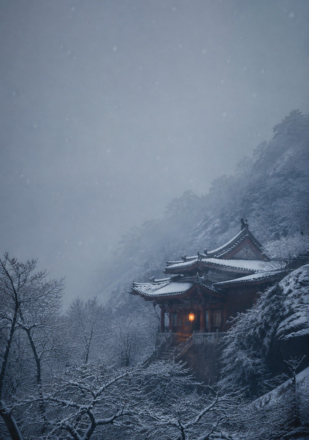 Traditional Chinese Village Under Deep Snow at Night – Winter Stillness Wallpaper